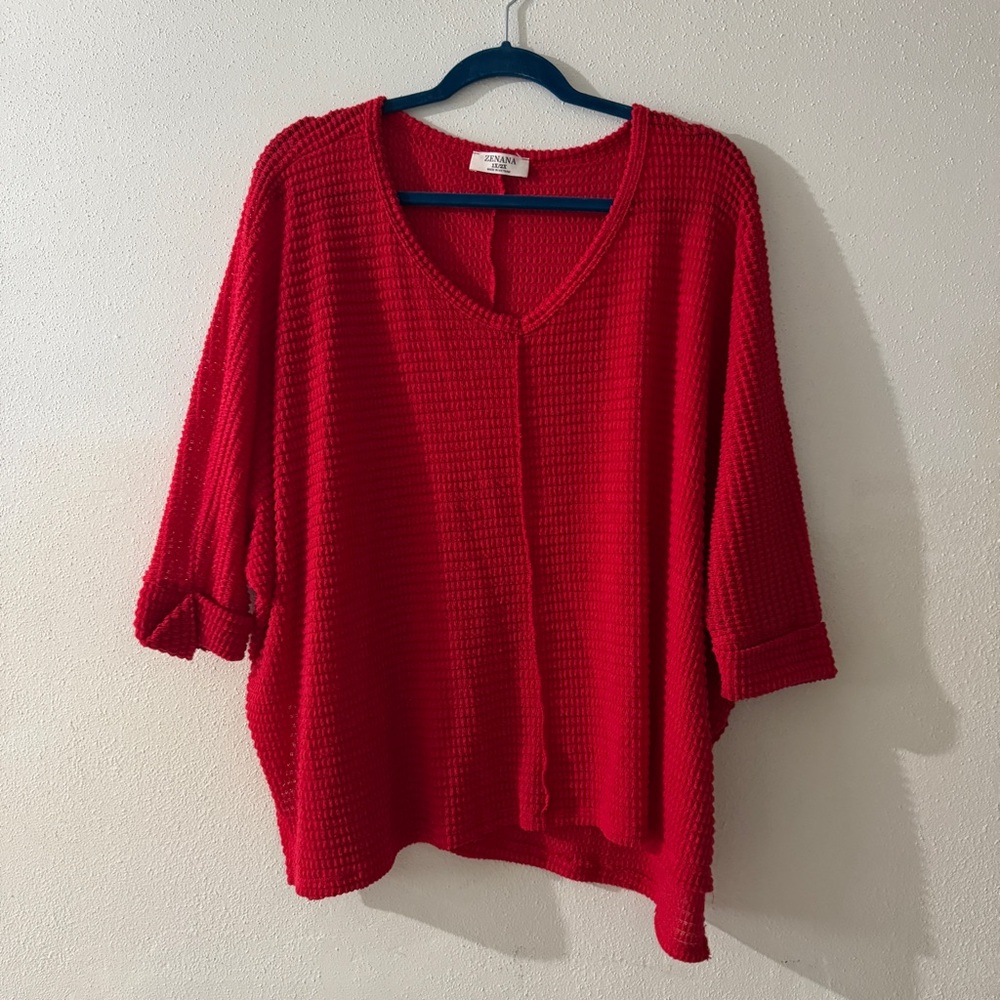 Zenana True Red Waffle Dolman Sleeve Lightweight Sweater with Short Sleeves 1x - Picture 1 of 6